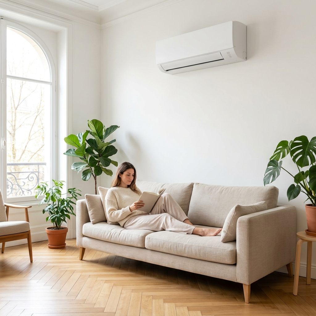Climatiseur réversible mural dans un salon lumineux