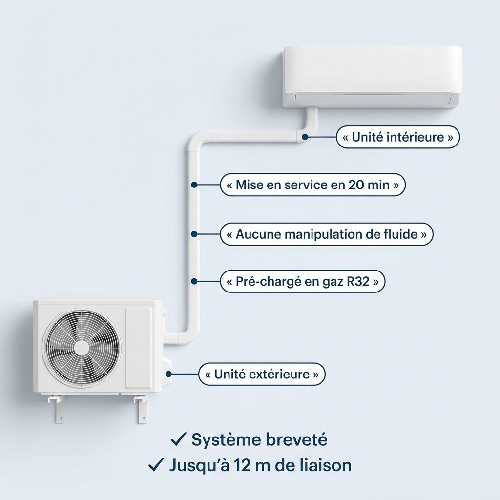Schéma du système prêt-à-poser Climaira : unité intérieure et extérieure reliées par une liaison pré-chargée en gaz R32, mise en service en 20 minutes